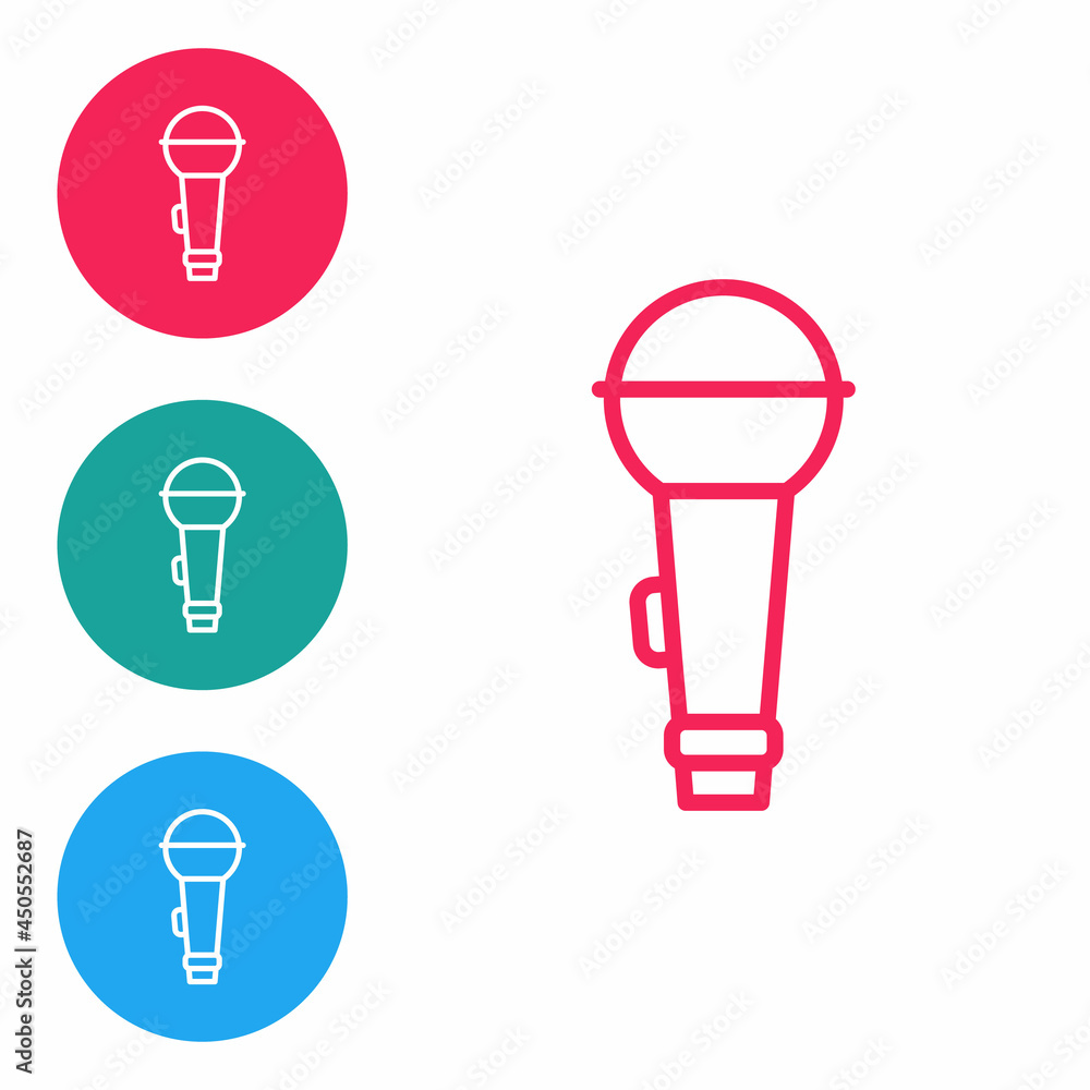 Red line Microphone icon isolated on white background. On air radio mic microphone. Speaker sign. Set icons in circle buttons. Vector Red line Microphone icon isolated on white background. On air radio mic microphone. Speaker sign. Set icons in circle buttons. Vector