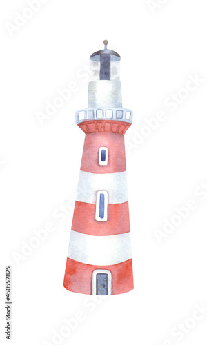 Watercolor lighthouse. Hand painted illustration isolated on white background. Sea and ocean theme. Great kids design. Red color.