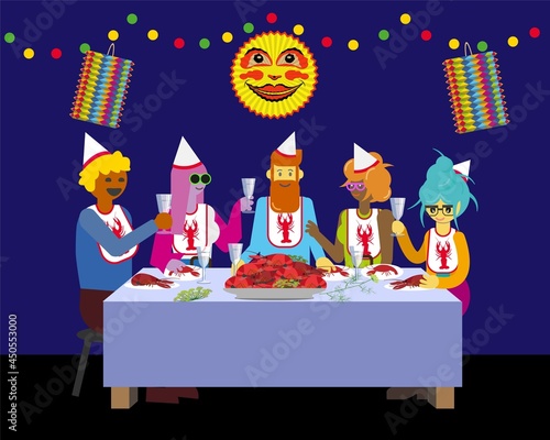 Crayfish party, a swedish August tradition. Moon lantern and colorful light bulb decoration.