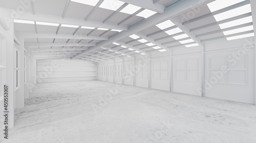 White warehouse background with a concrete floor in perspective view. 3D illustration rendering.