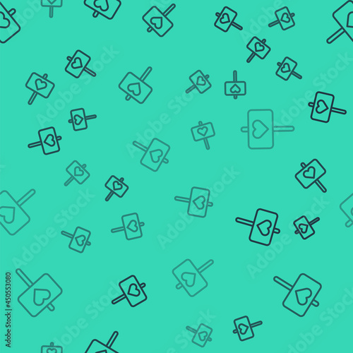 Black line Peace icon isolated seamless pattern on green background. Hippie symbol of peace. Vector