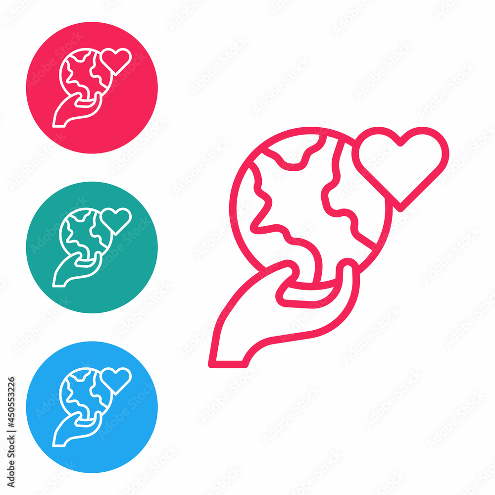 Red line Human hand holding Earth globe icon isolated on white background. Save earth concept. Set icons in circle buttons. Vector Red line Human hand holding Earth globe icon isolated on white background. Save earth concept. Set icons in circle buttons. Vector