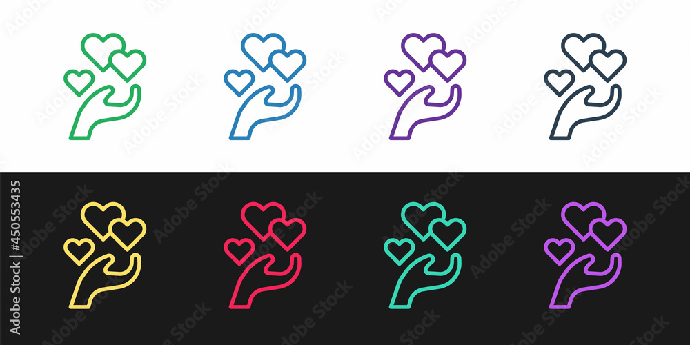Set line Heart in hand icon isolated on black and white background. Hand giving love symbol. Valentines day symbol. Vector