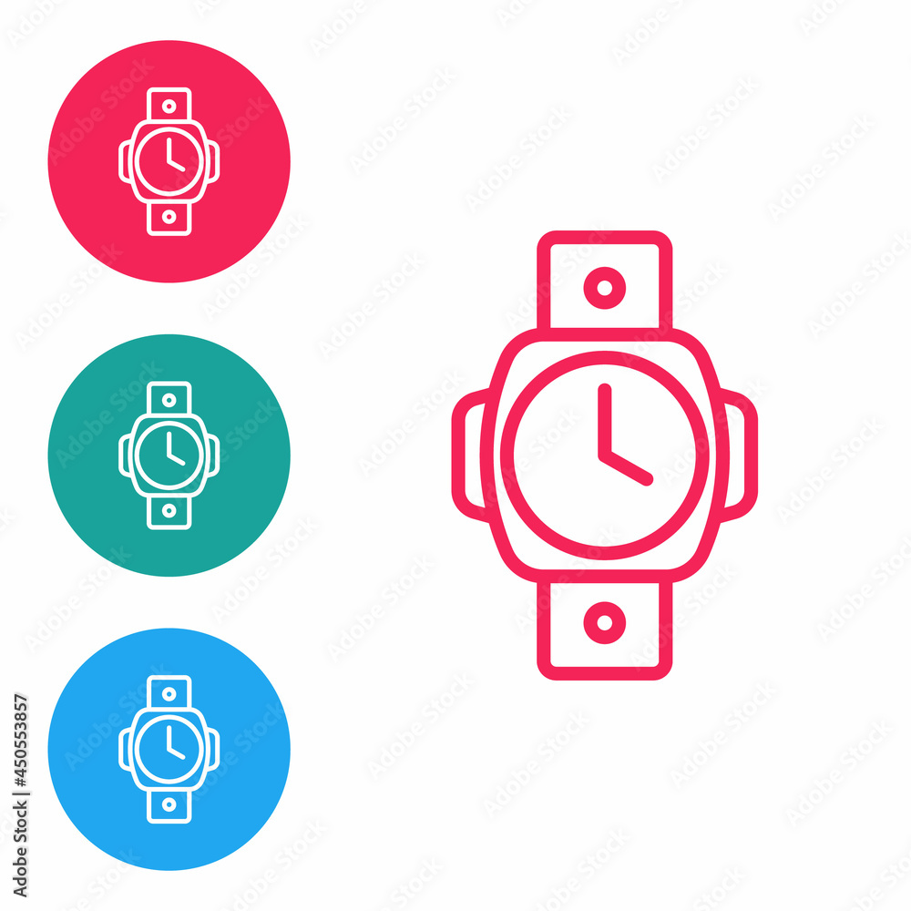 Red line Diving watch icon isolated on white background. Diving underwater equipment. Set icons in circle buttons. Vector Red line Diving watch icon isolated on white background. Diving underwater equipment. Set icons in circle buttons. Vector