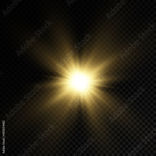Glow bright light star, yellow sun rays.