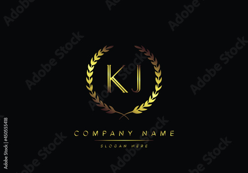 Alphabet letters KJ monogram logo, gold color, luxury style