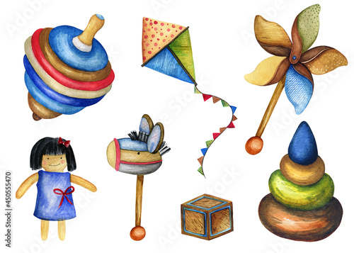 Watercolor Kids Toys Clipart. Wooden Toys Clipart.