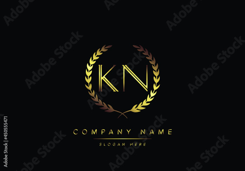 Alphabet letters KN monogram logo, gold color, luxury style