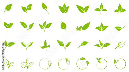 collection of green leaves, design elements for logos or symbols, vector illustration icon set