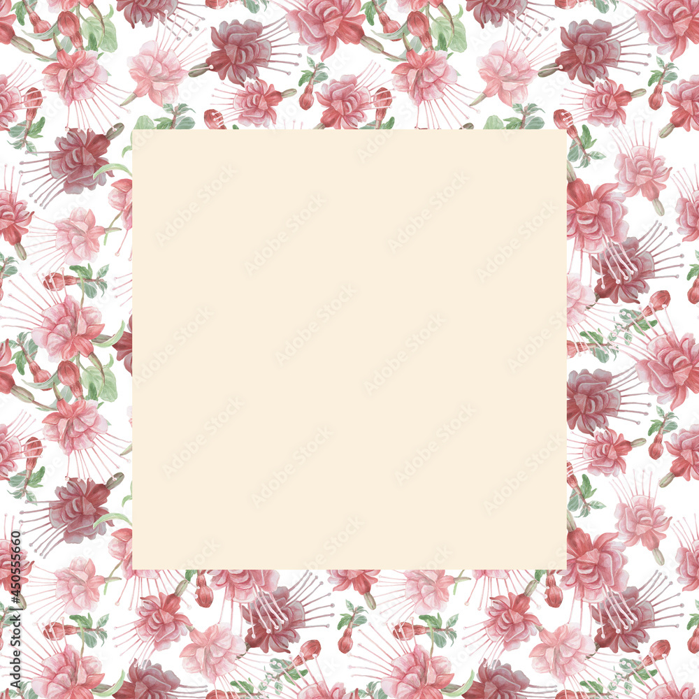 Fuchsia flowers Hummingbird birds watercolor hand-drawn illustration. Patern seamless print textile realism sketch vintage