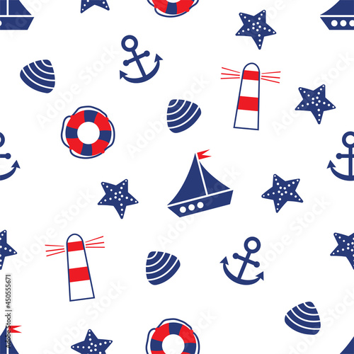 seamless pattern on the marine theme. Marine set. Ship, lighthouse, anchor, starfish.