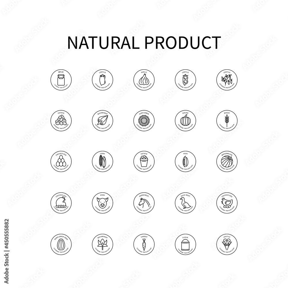 Simple Set Of Vector Icons On Theme Natural Products. Milk, Garlic, Meat, Lentils, Sunflower, Pumpkin, Corn, Potatoes, Flour, Carrots, Eggs, Seeds and others are depicted. Vector sign in a simple Simple Set Of Vector Icons On Theme Natural Products. Milk, Garlic, Meat, Lentils, Sunflower, Pumpkin, Corn, Potatoes, Flour, Carrots, Eggs, Seeds and others are depicted. Vector sign in a simple