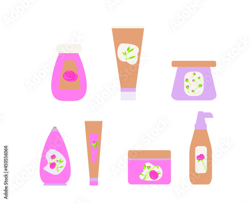 Set of various cosmetic bottles and tubes in pastel pink. Cream, gel, shampoo, liquid soap, scrub, toothpaste. Various naturel products for face and body. Flat illustration. Vector. Beauty eco product