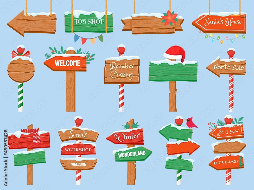 North pole signs. Christmas wooden street signboad with snow. Arrow signpost direction to Santa workshop. Winter holiday toy shop vector set - obrazy, fototapety, plakaty 