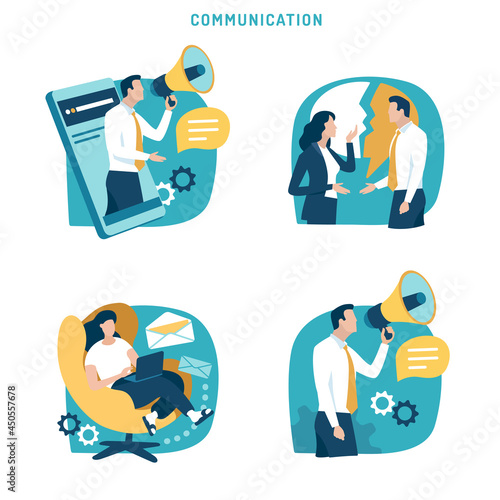 Promotion, advertising, communication, to argue, distance working. Set of business vector illustration.
 