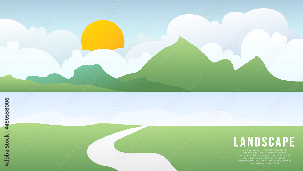 Landscape view natural  ,Grasslands, green hills and white clouds, big sun in summer ,Illustration Vector EPS 10