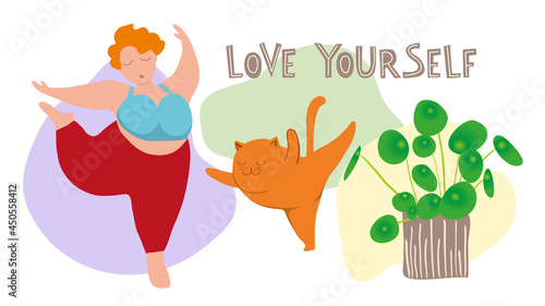 Cute Overweight Girl in Yoga Pose Vector Cartoon - Illustration of a fitness woman in meditation and balance posture