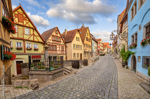 Rothenburg ob der Tauber, Germany: August 8, 2021 - A view of the famous historic town of Rothenburg ob der Tauber, Franconia, Bavaria, Germany.