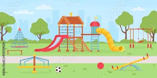 Playground at park. School or kindergarten background with sandbox, playhouse, swings and slides. Summer kids playground vector landscape