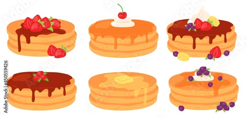 Cartoon breakfast pancake stacks with maple syrup and berry toppings. Tasty pancakes with butter, chocolate, cream and strawberry vector set