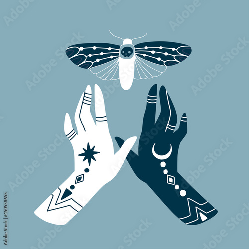 Female witch hands and moth. Tatoo and magic occult doodle symbols