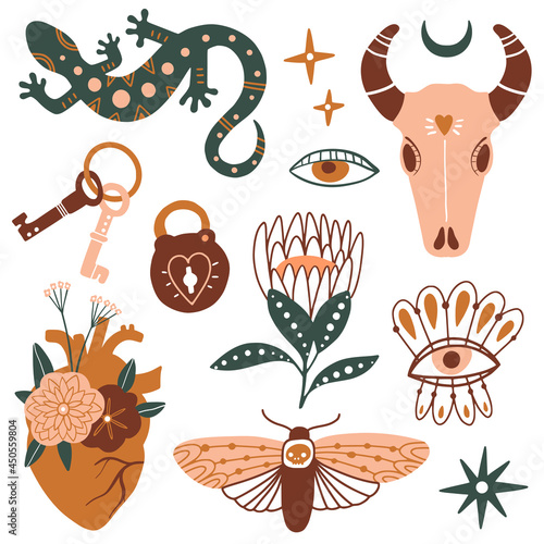 Doodle bohemian set with magic esoteric elements
