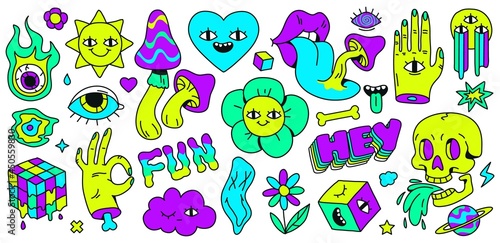 Neon cartoon psychedelic hippy stickers with mushrooms and eyes. Hallucination elements, heart, skull, emoji and ok hand. Groovy vector set
