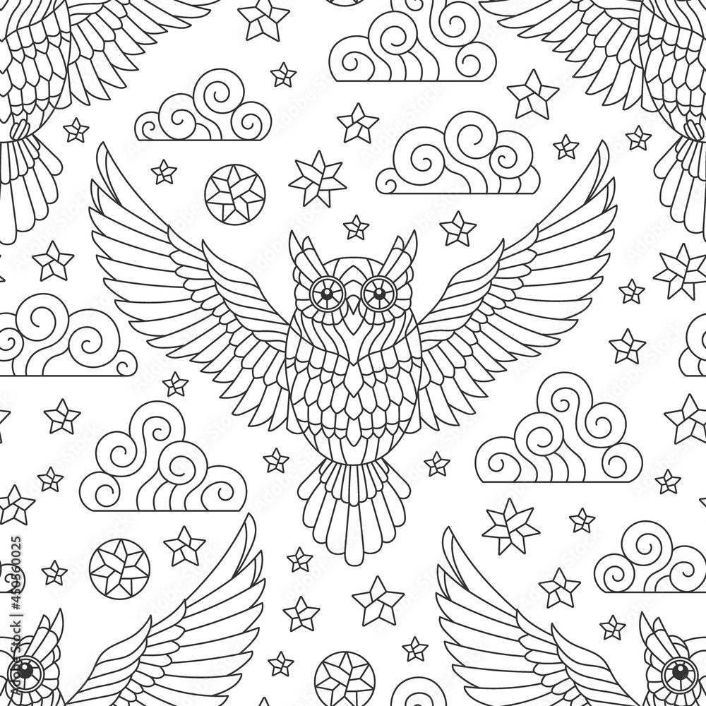Seamless pattern with dark contour owls, stars and clouds on a white background Seamless pattern with dark contour owls, stars and clouds on a white background