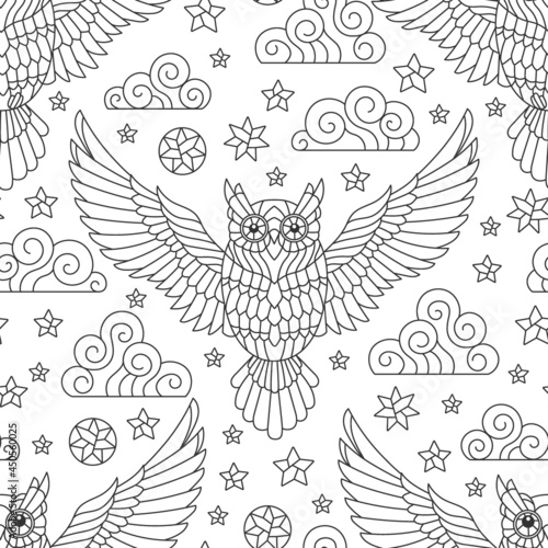 Seamless pattern with dark contour owls, stars and clouds on a white background