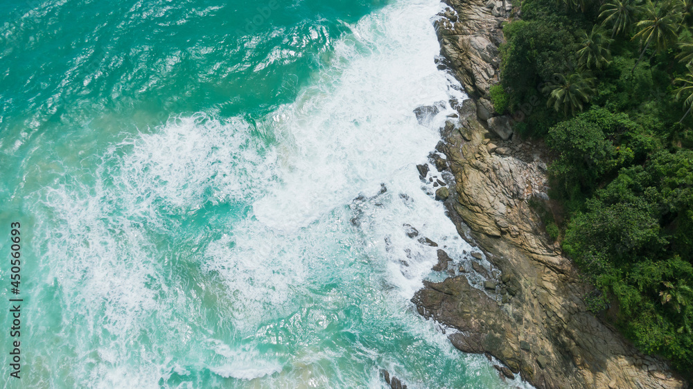 Aerial drone photo waves breaking to rock,no body.Beautiful  waves crashing on the rocks Coast islands.