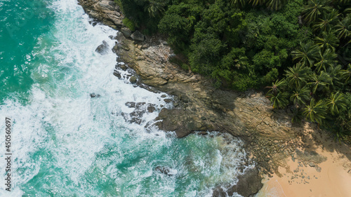 Aerial drone photo waves breaking to rock,no body.Beautiful waves crashing on the rocks Coast islands. © loveyousomuch