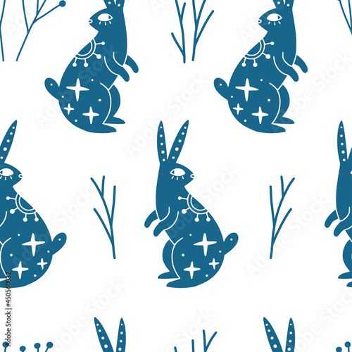 Seamless pattern with mystic blue rabbit or hare and branches