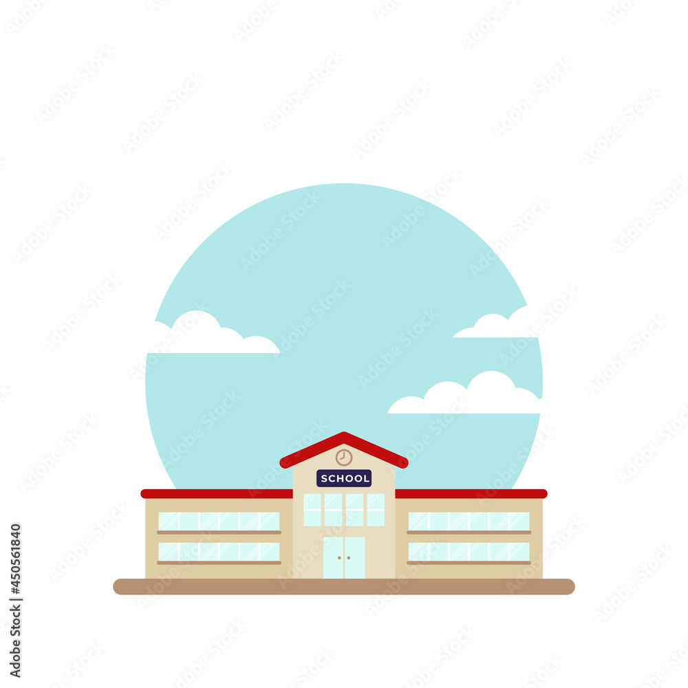School building. Urban landscape with sky and clouds. Back to school. Vector illustration, flat design