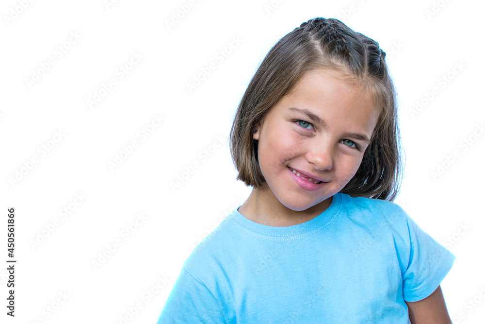 Portrait Of Girl On White Background. Little Girl Of 6 Years Caucasian Has Blue Eyes. Image With Copy Space. Child With A Happy Expression Portrait Of Girl On White Background. Little Girl Of 6 Years Caucasian Has Blue Eyes. Image With Copy Space. Child With A Happy Expression