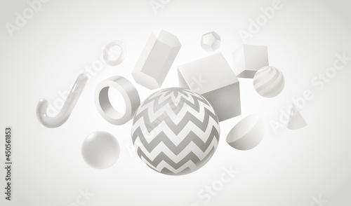 Fototapeta Naklejka Na Ścianę i Meble -  Abstract background design with 3d white geometric shapes. Graphic creative poster with realistic spheres and cubes. Vector geometry figures