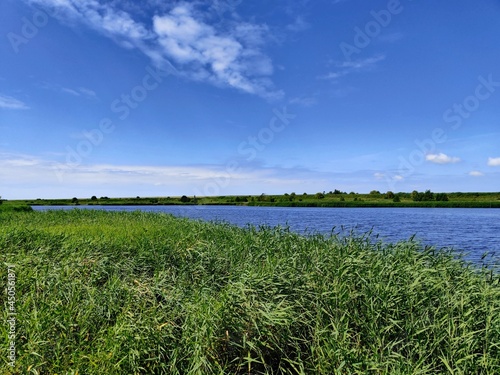 River with tall grass and blue sky in Greetsiel, Germany