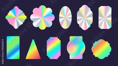 Silver shiny foil holographic stickers geometric shapes. Official product rainbow hologram label and seal. Quality certification vector set
