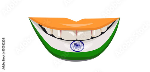 The flag of India on the lips. A woman's smile with white teeth. Vector illustration.