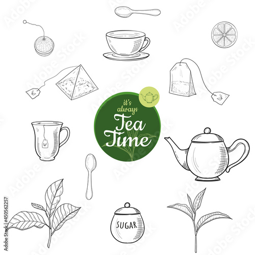 Green and black tea hand drawn ink sketch outline vector set isolated. Kettle, leaves, mug, sugar bowl, spoon, tea bag, lemon slice, strainer. Illustration for cafe, restaurant menu, web and print.
