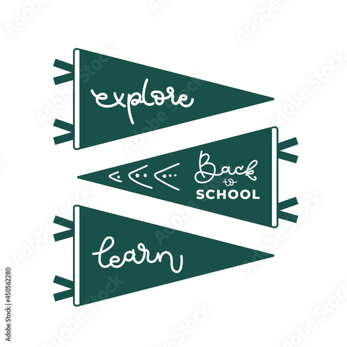 Back to school green pennants. Explore and learn. Vector illustration, flat design