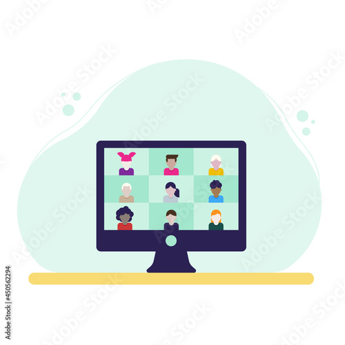 Online class on video conferencing. The children attend the teacher in online class. Desktop computer device video call. Vector illustration, flat design