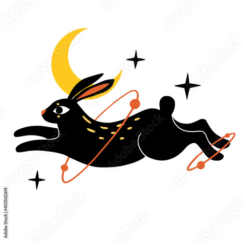 Esoteric concept illustration. Flat mystic hare (rabbit), moon and doodles