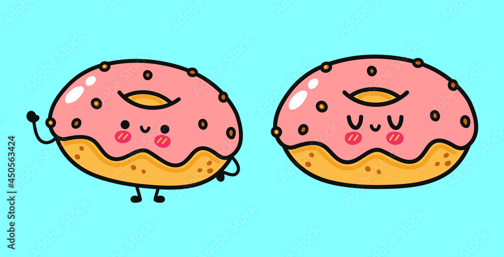Funny cute happy Donut characters bundle set. Vector kawaii line cartoon style illustration. Cute Donut mascot character collection Funny cute happy Donut characters bundle set. Vector kawaii line cartoon style illustration. Cute Donut mascot character collection