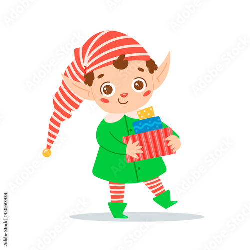 Flat vector illustration of a cute cartoon Christmas elf boy isolated on whi