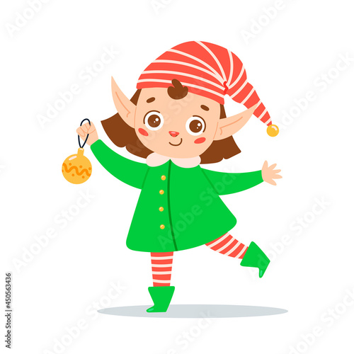 Illustration of a cute cartoon Christmas elf girl isolated on white background