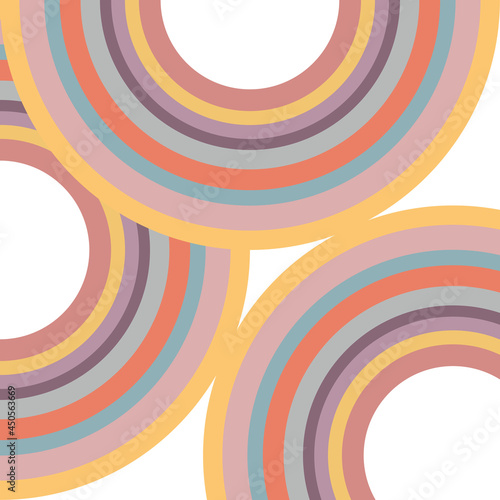 Abstract illustration of colorful retro style circles in turquoise, yellow, grey, pink, purple and blue colors on white background