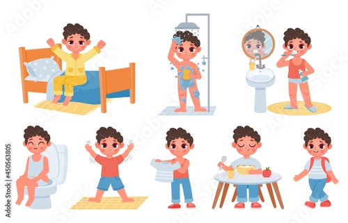Child morning daily routine with cute cartoon boy character. Kid wake up, do hygiene, brush teeth and sit on potty. Day schedule vector set