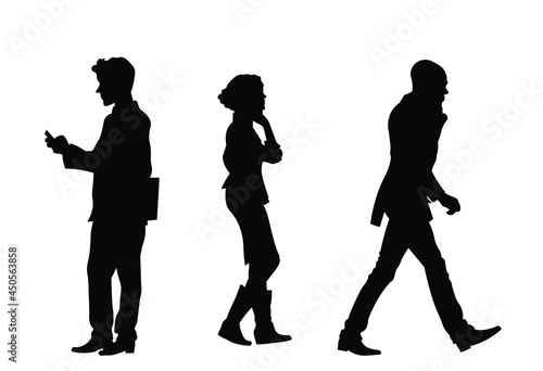 Business people with cell plone walking silhouette vetor illustration 