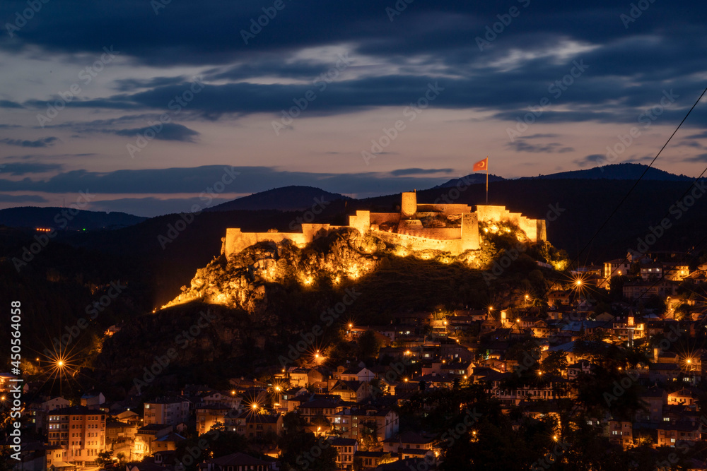 Illuminated view of Kastamonu castle at night