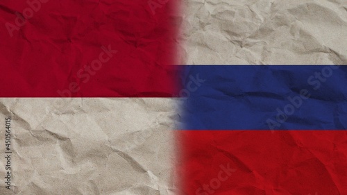 Russia and Indonesia Flags Together, Crumpled Paper Effect Background 3D Illustration